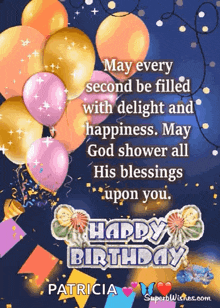 a birthday card for patricia with balloons and confetti
