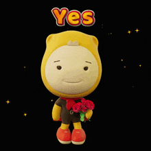a cartoon character holding a bouquet of red roses and the word yes above him