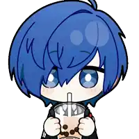 a cartoon of a person with blue hair drinking from a cup