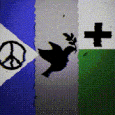a peace sign a dove and a cross are displayed on a screen