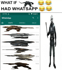 a screenshot of what if had whatsapp next to a drawing of a robot