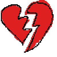 a pixel art drawing of a broken red heart