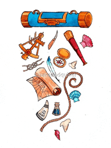 a watercolor painting of various sea related items including a treasure chest and a telescope