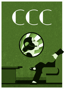 a green ccc poster with a woman in a mirror