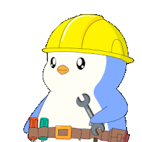 a penguin wearing a hard hat holds a wrench