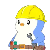a penguin wearing a hard hat holds a wrench