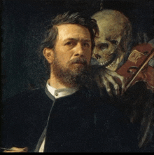 a painting of a man holding a violin with a skull behind him