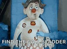 a cartoon character with a red nose is being examined by a doctor