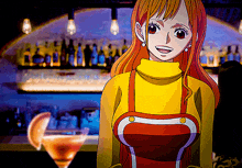 a woman in an apron is standing in front of a bar with a martini glass in the foreground