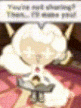 a blurry picture of a cartoon character with a speech bubble above it