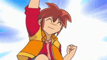 a cartoon character with red hair is raising his fist in the air .