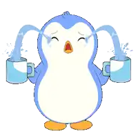 a cartoon penguin is crying and holding two cups of water