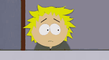 a cartoon character with yellow hair and white eyes has a sad look on his face