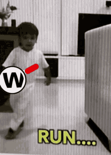 a black and white photo of a little boy with the words run written on the bottom