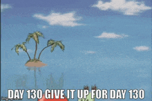 a cartoon of a crab holding a bell with the caption day 130 give it up for day 130 .