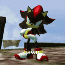 shadow the hedgehog from sonic the hedgehog is standing on a ledge with the word jawn written below him