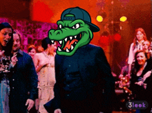 a cartoon of a crocodile wearing a hat with the number 31 on the bottom left