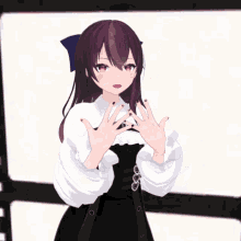 a girl with purple hair and red eyes is wearing a black dress and white shirt
