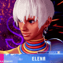 a video game character named elena is smiling and wearing a colorful outfit