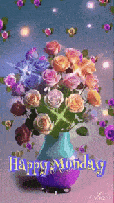 a vase filled with roses and the words `` happy monday ''