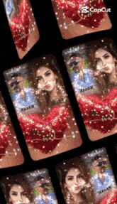 a couple of cell phones with images of a woman and a man and the word capcut at the top