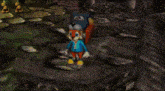 a cartoon squirrel in a blue shirt and hat is standing on a green surface