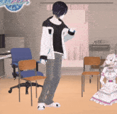 a man and a girl are standing in a room with chairs and a sign that says ' s2 '