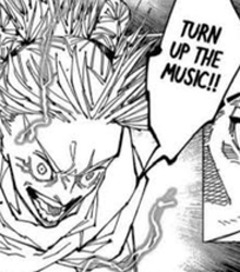 a black and white drawing of a man with a speech bubble that says `` turn up the music '' .