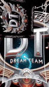 a logo for the dream team is shown on a black and blue background
