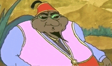 a cartoon character wearing a pink vest and a red hat is standing in the desert .