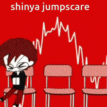 a group of cartoon characters sitting in chairs with the words shinya jumpscare written on the bottom