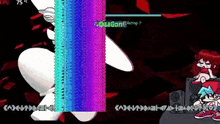 a cartoon character is sitting in front of a speaker in a video game with a purple and blue striped background .
