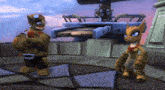 two cartoon characters are standing next to each other in front of a ship