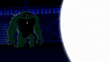 a cartoon character is standing in a dark room with a light coming out of the door .