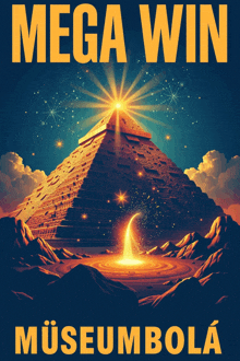 a poster with a pyramid and the words mega win museumbola on it