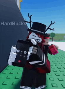 a cartoon character is holding a cell phone and drinking a soda with hardbucks written on the bottom of the screen