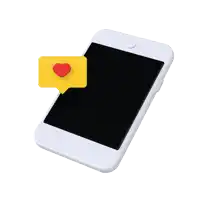 a cell phone with a yellow speech bubble with a heart on it