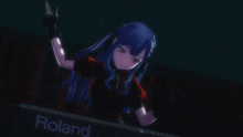 a girl with blue hair and a red shirt is standing in a dark room