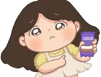 a cartoon girl is holding a bag of coco chocolate