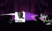 a purple background with a picture of a man and the words false on it