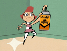 a cartoon girl holding a spray can that says nerd be gone