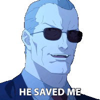 a man wearing sunglasses and a suit has the words he saved me on his face