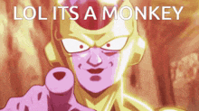 a cartoon character pointing at the camera with the words lol it 's a monkey behind him