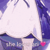 a girl in a purple dress with the words she loves ari on the bottom