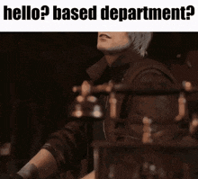 a man in a leather jacket is playing a guitar in a dark room and says `` hello ? based department ? ''