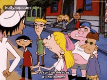 a group of cartoon characters are standing on a sidewalk .