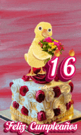 a birthday card with a duck holding flowers and the number 16 on top of a cake