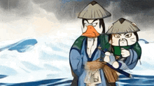 a cartoon of a duck and a cat standing next to each other .