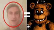 a man with a red circle around his face next to a teddy bear with a top hat
