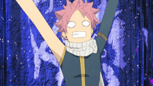a cartoon character with a scarf around his neck has his arms up in the air
